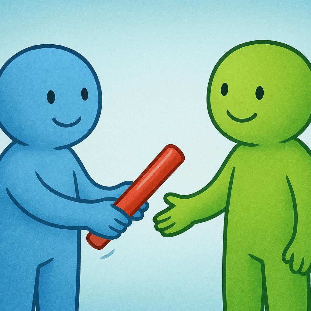 A blue figure handing a red baton to a green figure, symbolizing the transfer of responsibility or turn.