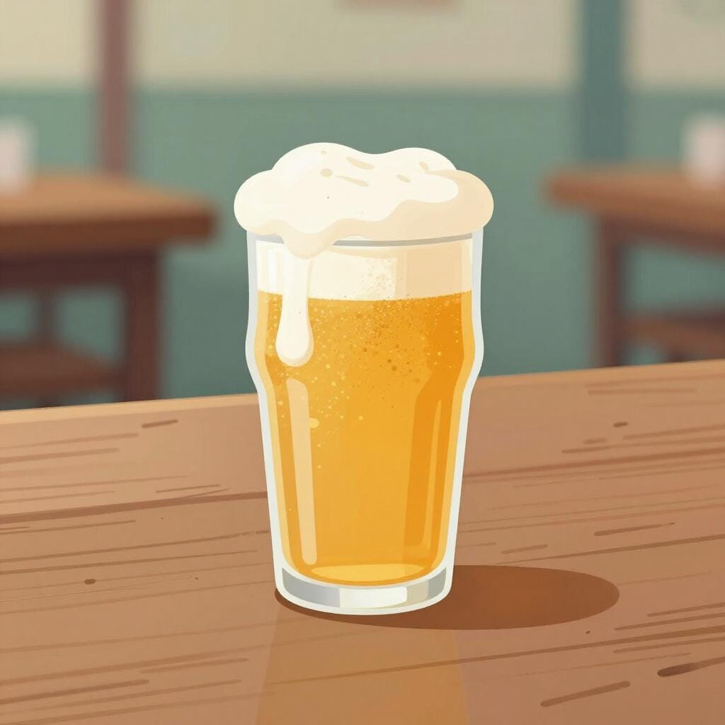 A small glass of cold, golden draught beer with a layer of white foam on top, sitting on a wooden bar counter.