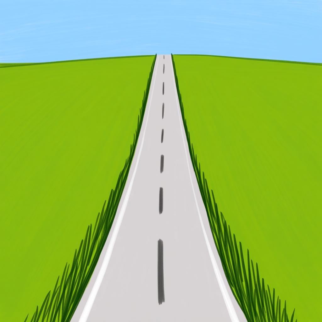 A straight road leading directly forward into the distance through a green field, emphasizing forward movement.