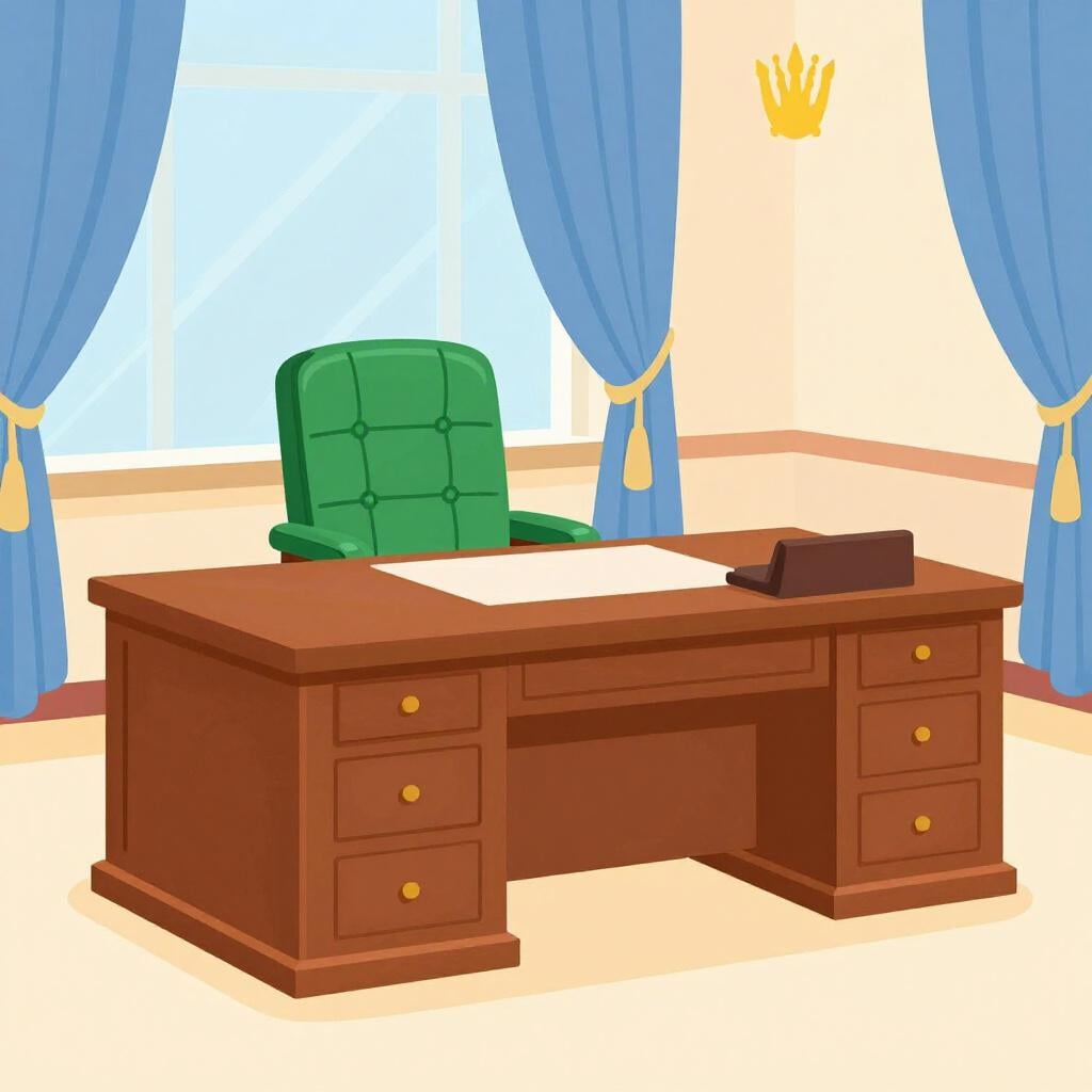 Een statige houten bureau met een leren stoel en een gouden embleem in een groot kantoor.