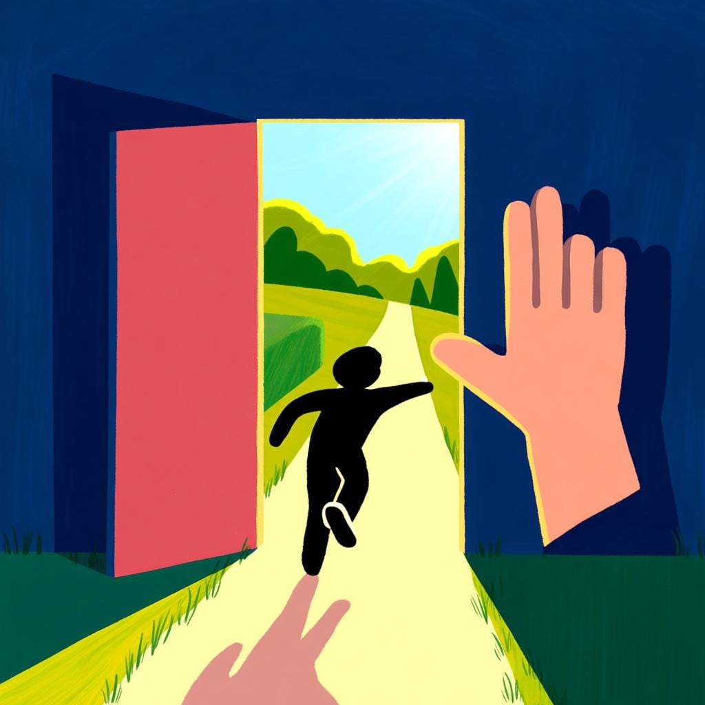 A cartoon figure rapidly exiting a dark interior space through a doorway into a bright exterior, emphasized by an emphatic hand pointing outwards from the shadows.