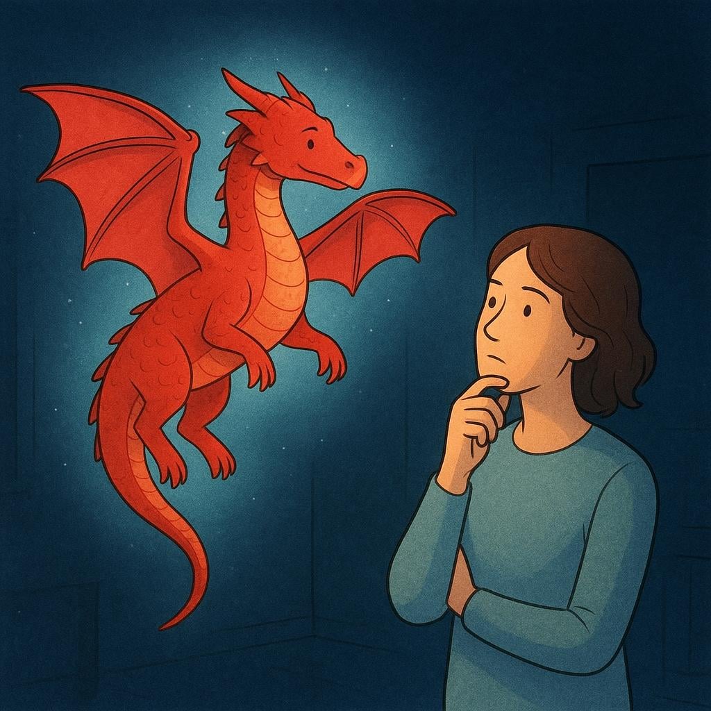 A storybook illustration showing a thoughtful person standing in a dimly lit space. A bright, fully realized, three-dimensional mental projection of a vibrant red flying dragon is floating clearly in front of them.