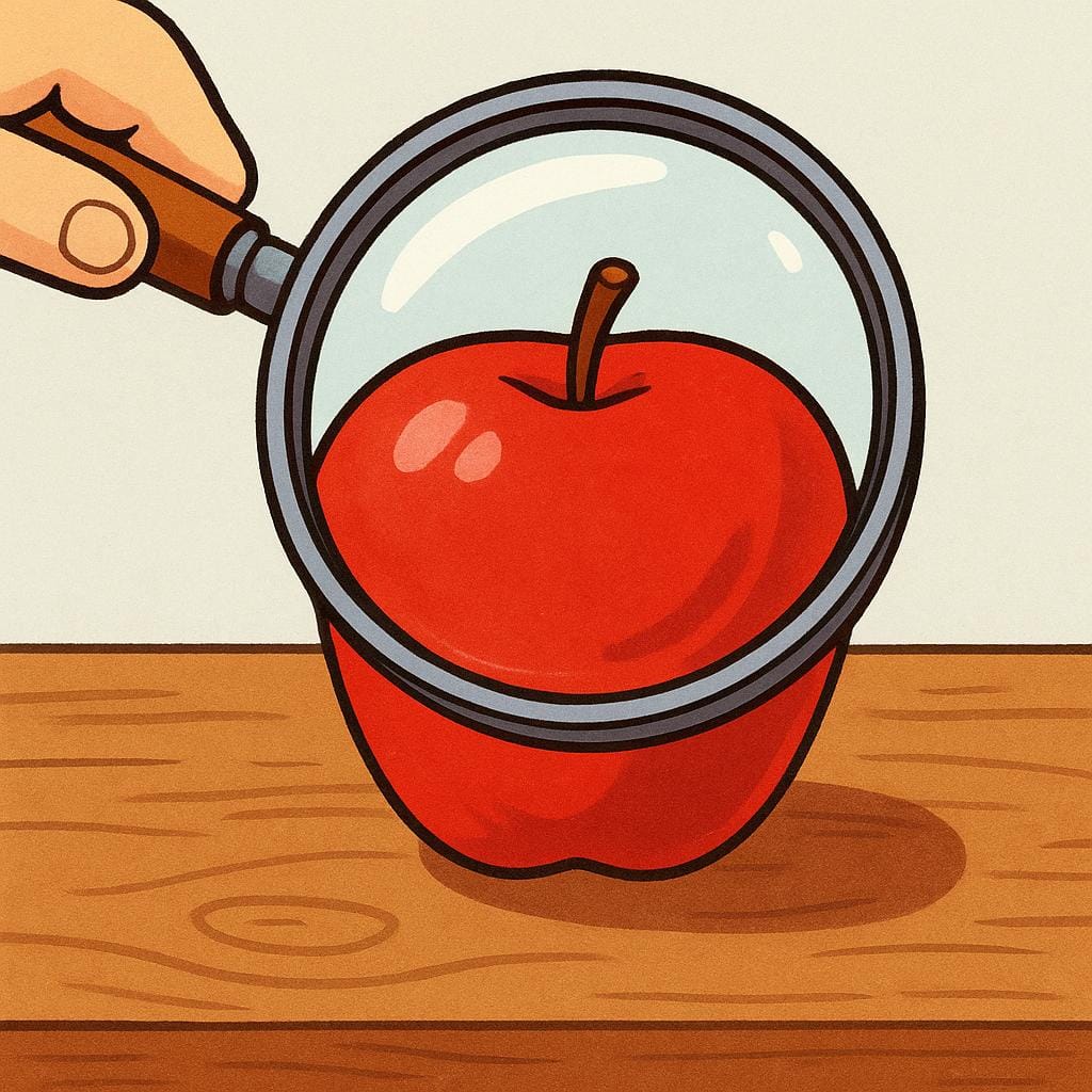 A close-up view of a large, bright red apple on a wooden surface being examined by a large magnifying glass.