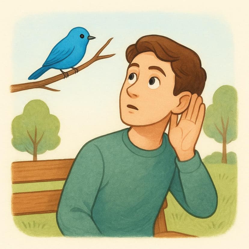 A young man sitting on a park bench, leaning forward and cupping his ear, listening intently to a blue songbird singing on a nearby branch.