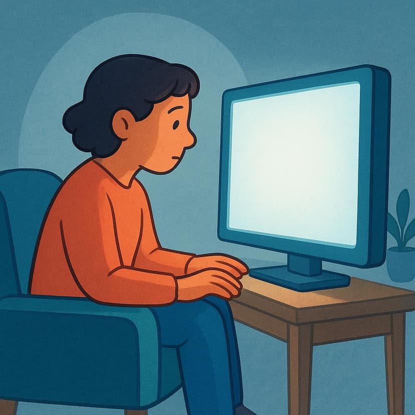 A simple illustration showing a person sitting intently, focused on a large, glowing rectangular screen or surface in front of them, indicating they are actively viewing content.