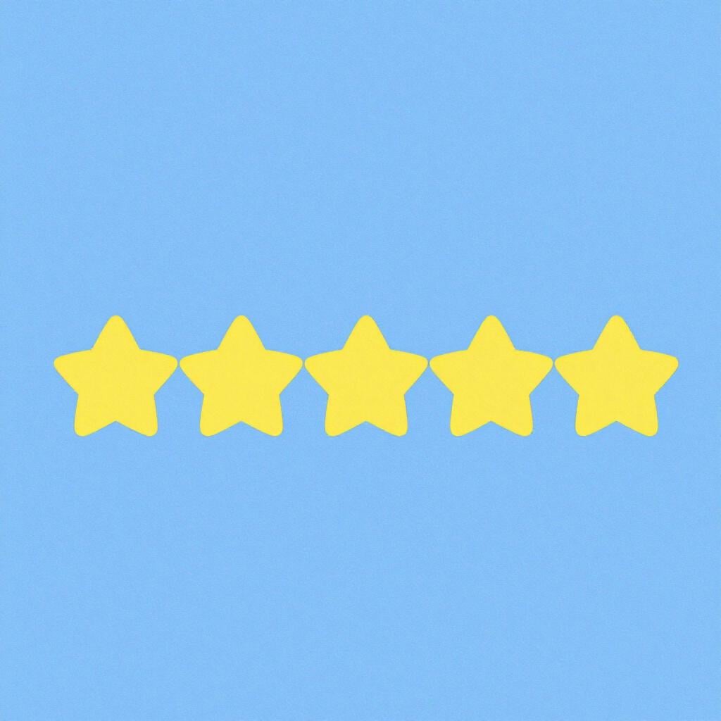 A row of five bright yellow stars against a clean, soft blue background.