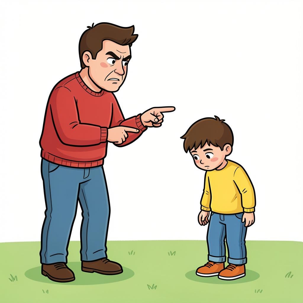 A small child looking down while a stern adult points a finger in a gesture of reprimand.