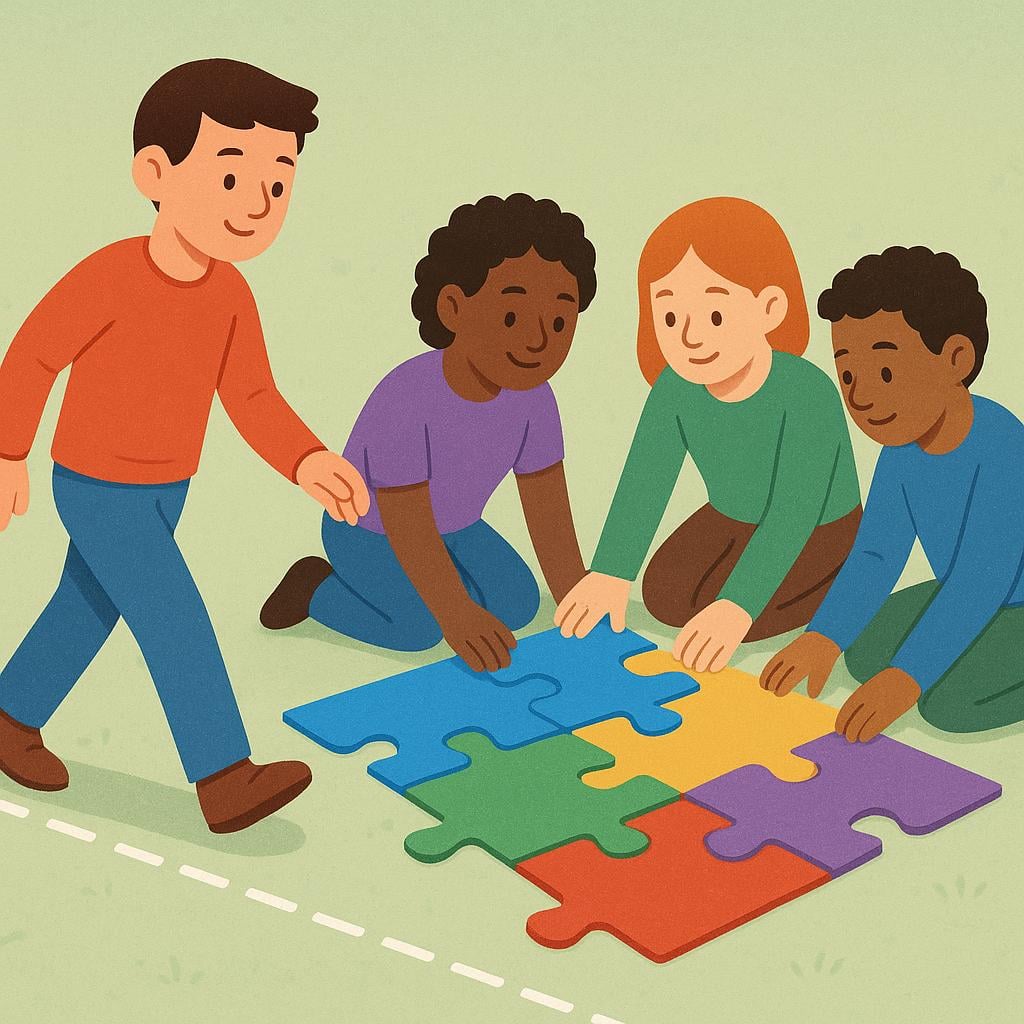 A person stepping across a visible boundary line to join a small, focused group of people collaborating on a project.