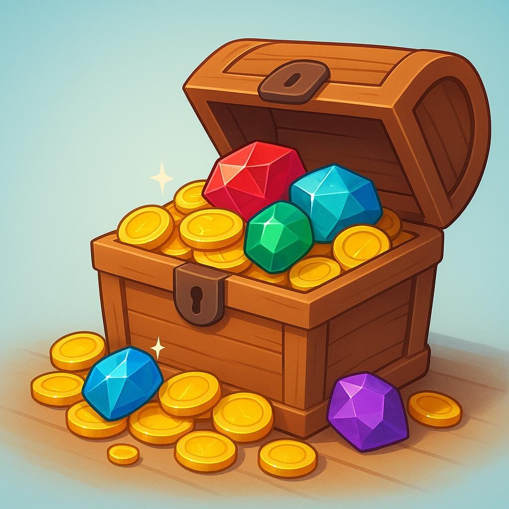 A large, open wooden treasure chest overflowing with shiny gold coins and sparkling colorful jewels.
