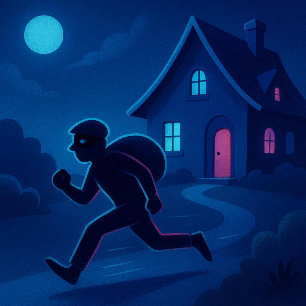 A masked figure sneaking away from a large, stylized house, carrying a small sack of stolen goods, representing a serious illegal act.