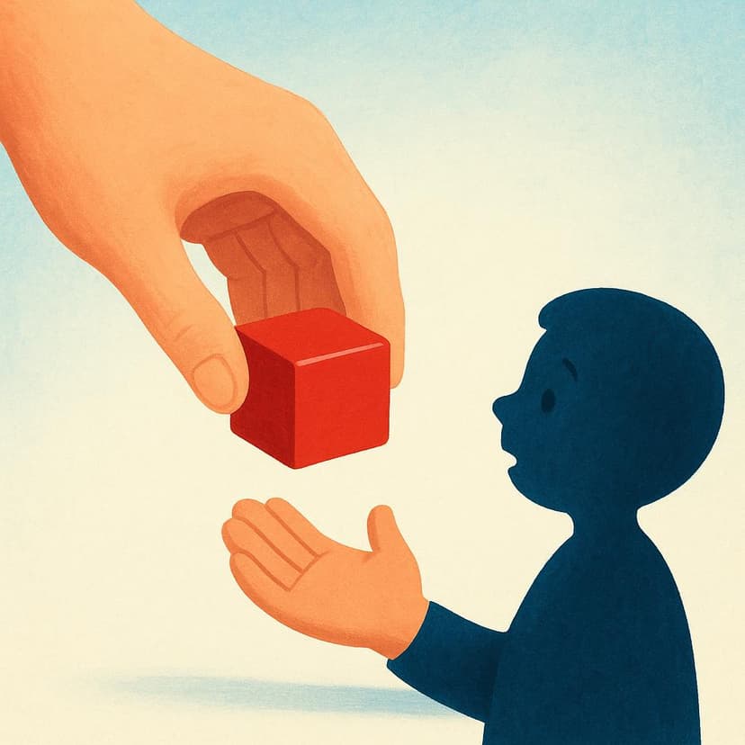 A large hand gently takes a bright red toy block away from the smaller, open hand of a child.