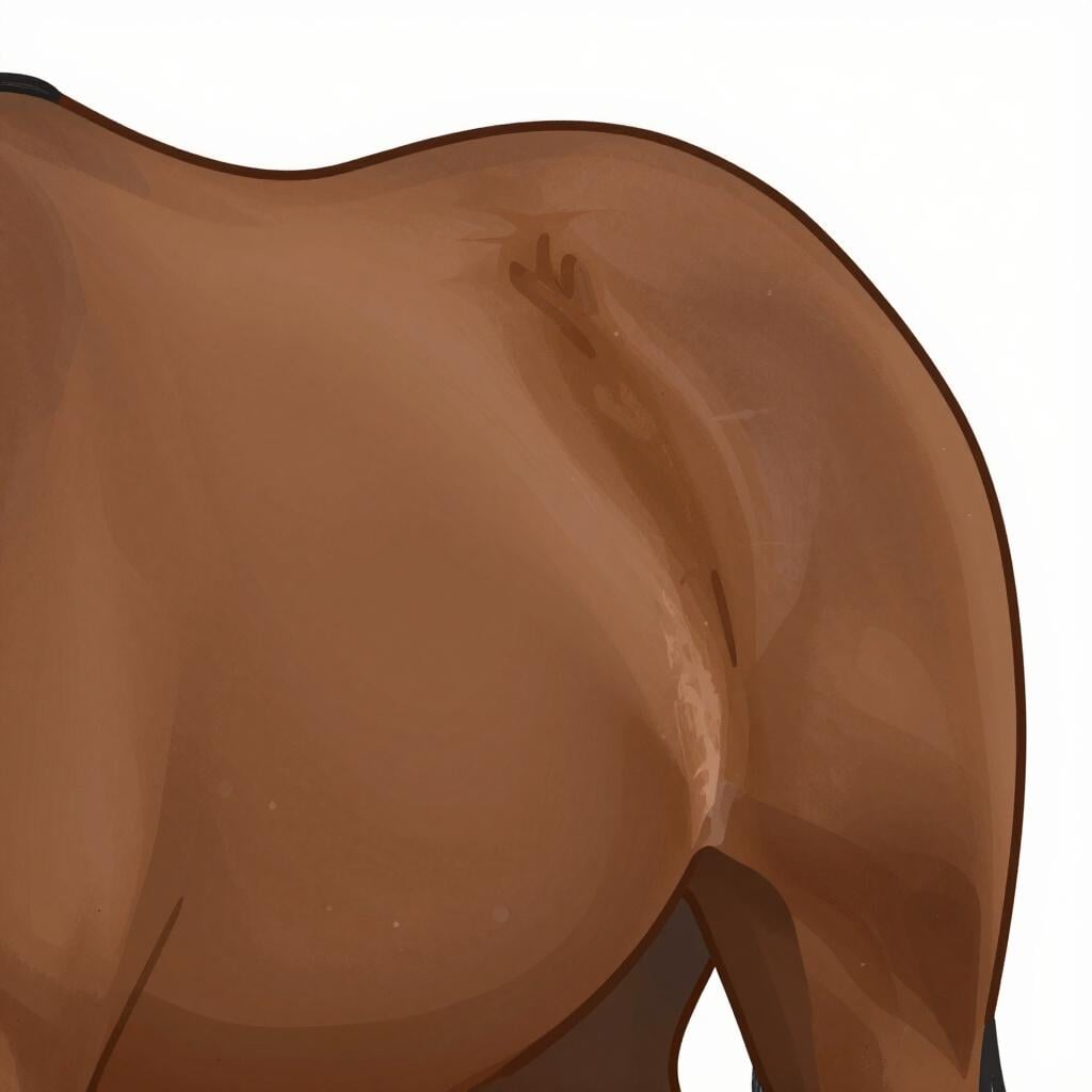 The strong, arched back of a brown horse standing in a field.