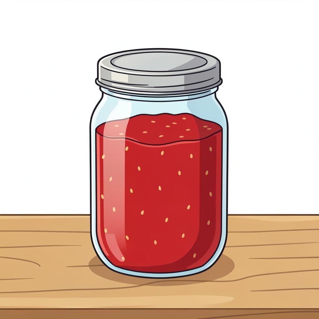 A clear glass jar filled with colorful fruit preserves on a wooden table.