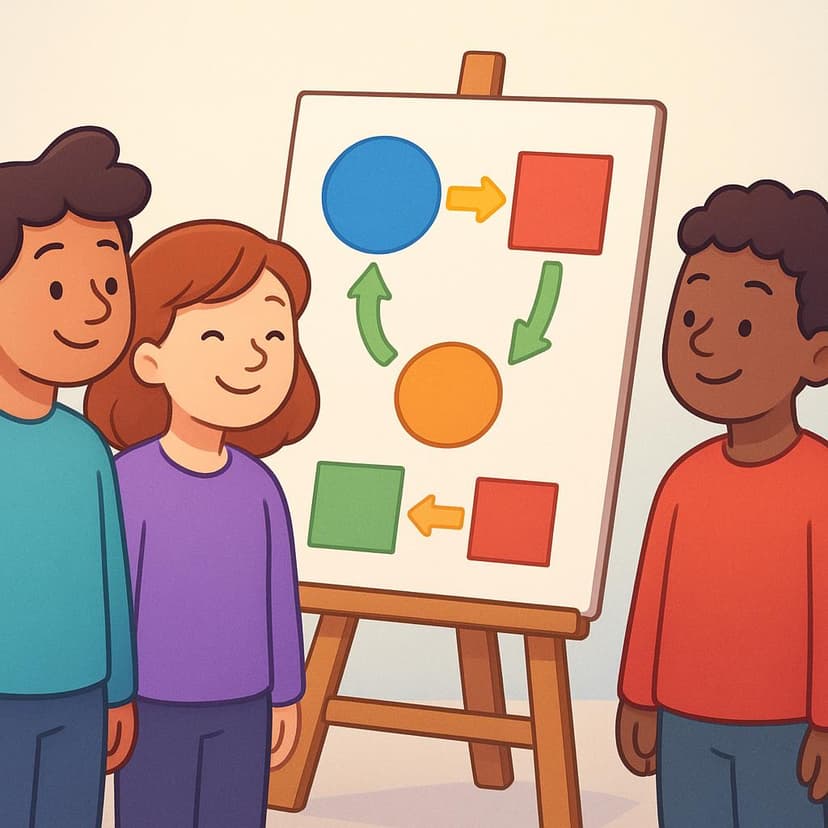 A storybook illustration showing three smiling figures nodding in agreement while looking at a simple, brightly colored diagram on an easel, symbolizing shared understanding.