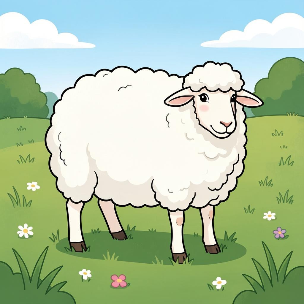 A fluffy white sheep standing in a green grassy field.
