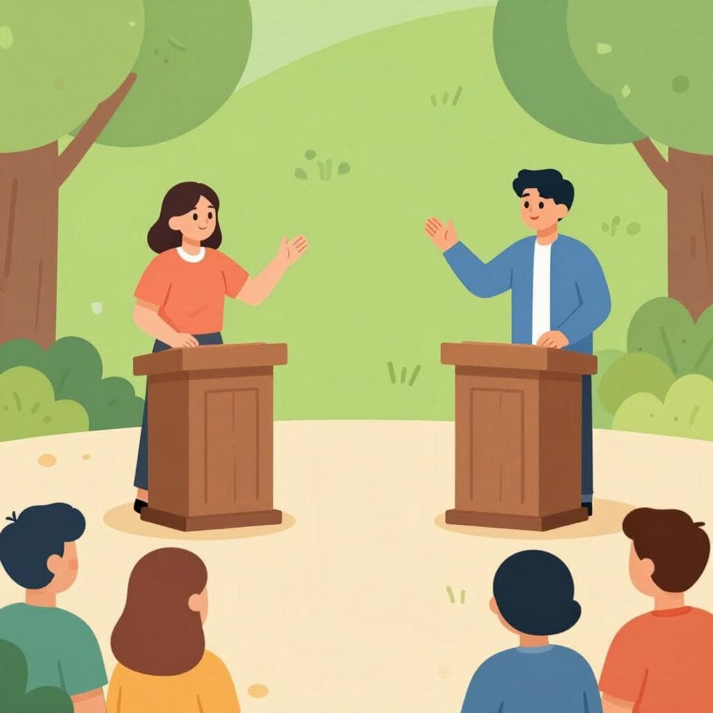 Twee mensen staan op aparte houten podia in een openbaar park en gebaren met hun handen terwijl ze een levendig debat voeren voor een kleine menigte.