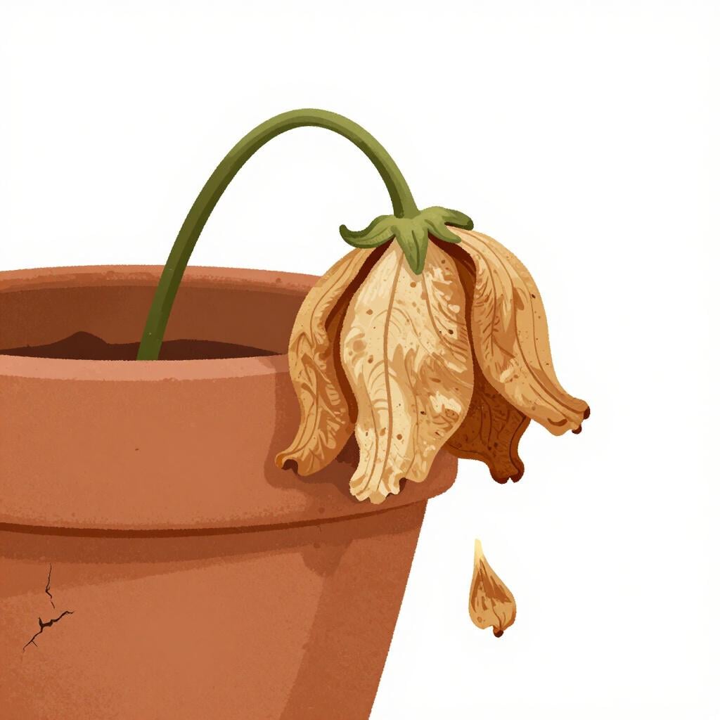 A once beautiful, vibrant flower now wilted, brown, and drooping in a cracked clay pot.