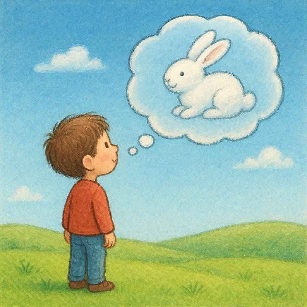 Eine Bilderbuchillustration eines Kindes, das zu einer Wolke aufblickt, die in einer Gedankenblase über dem Kopf des Kindes die Form eines freundlichen Hasen anzunehmen scheint.