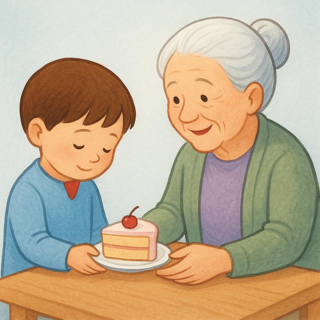 A child carefully sharing a small piece of cake with an elderly woman, looking down slightly with modesty.