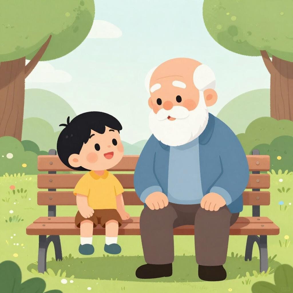 A very old man with white hair and a kind face sitting on a wooden bench next to a small young boy.