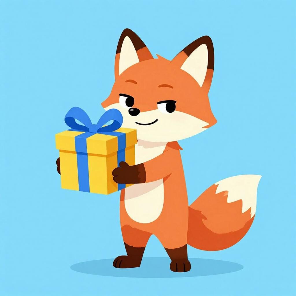 A mischievous cartoon fox holding out a brightly wrapped gift box with a sly smile.