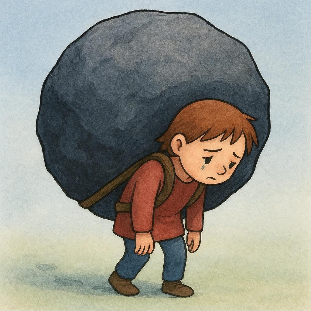 Eine Bilderbuchillustration einer kleinen, schüchternen Person, die darum kämpft, einen riesigen, schweren dunkelgrauen Felsbrocken auf dem Rücken zu tragen.