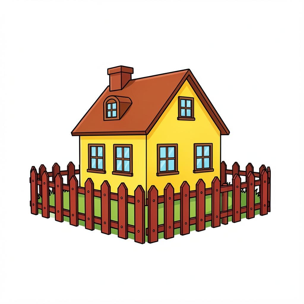 A small yellow house with a red fence around it and a closed gate.