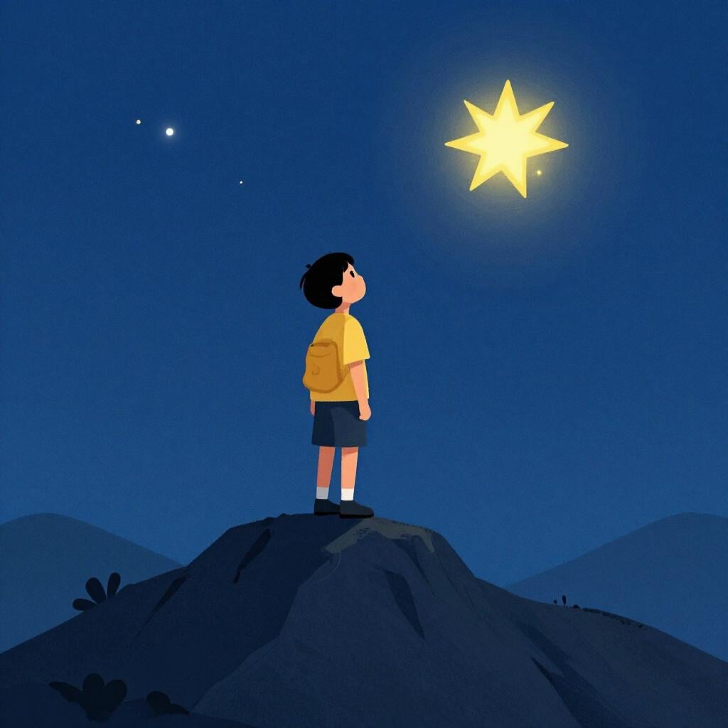 A person standing on a mountain peak looking at the stars with a peaceful expression.