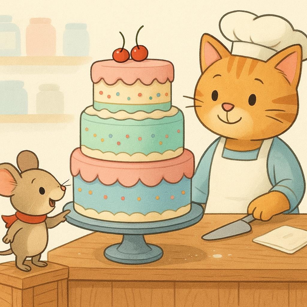 A small mouse points excitedly at a large, colorful layer cake displayed on a wooden counter, placing an order with a baker cat.