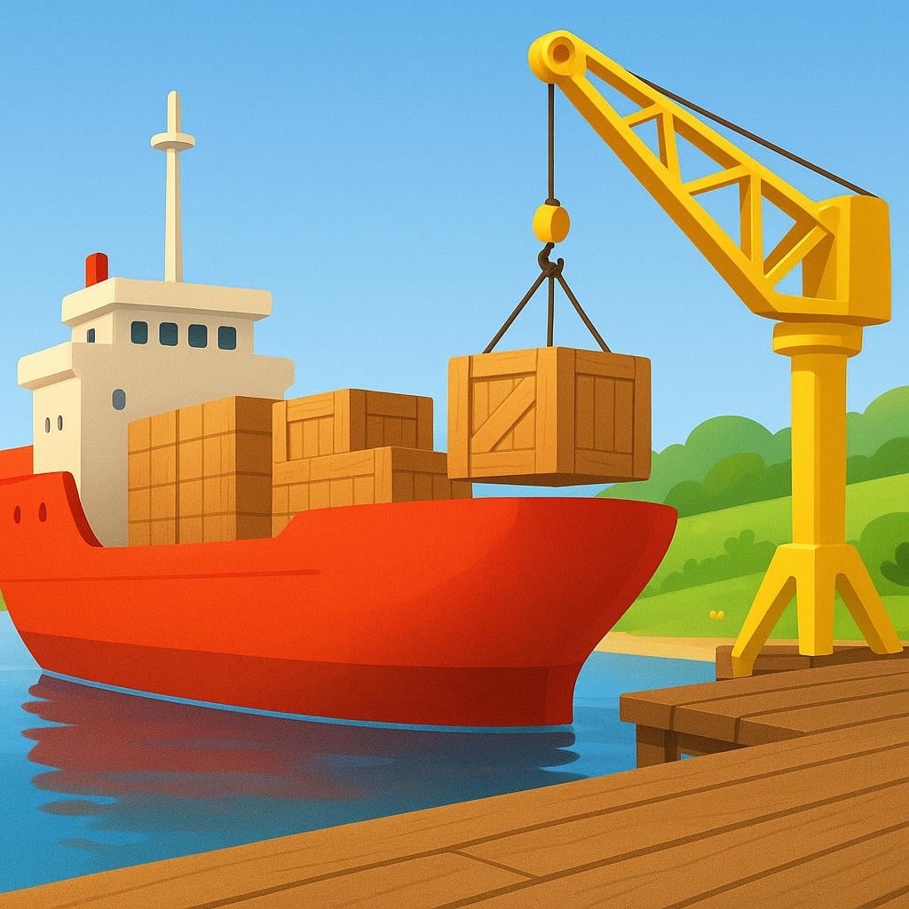 A large bright red cargo ship is docked next to a pier on a green coastline. A yellow industrial crane is lifting a large wooden crate from the ship and placing it onto the dock.