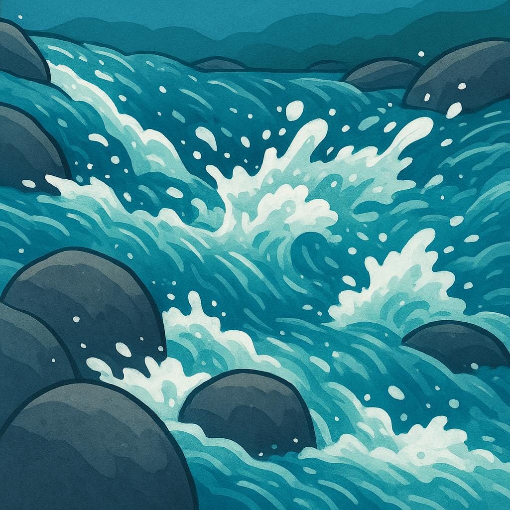 Une section turbulente d'une rivière montrant de l'eau blanche et mousseuse s'écrasant sur de gros rochers, caractéristique d'un rapide de rivière.