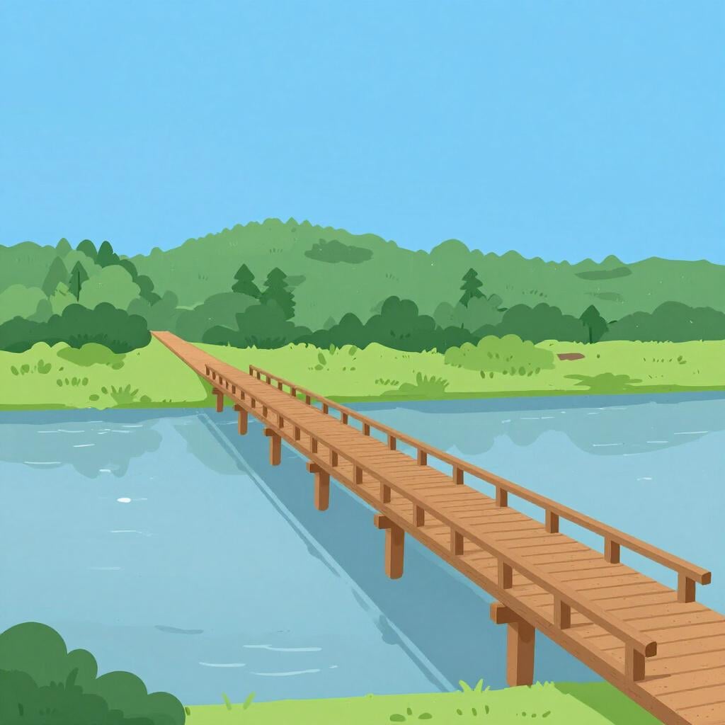 A long wooden bridge stretching far across a calm blue river.