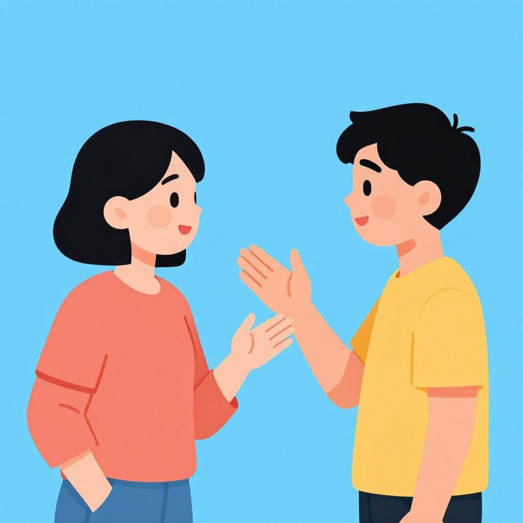 단순한 방에 서 있는 두 사람, 한 사람은 손짓을 하며 말하고 다른 한 사람은 듣고 있습니다.