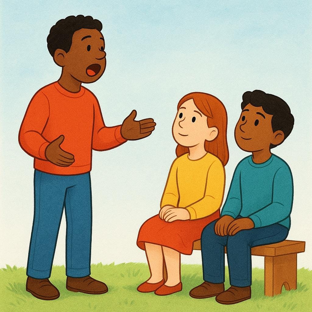 A colorful storybook illustration showing a stylized figure standing and speaking clearly towards two other figures who are seated and listening attentively, depicting the command 'tell us'.