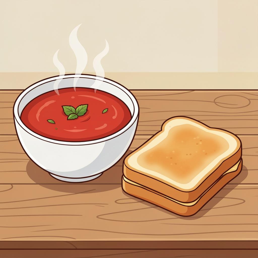 토마토 수프 한 그릇과 구운 치즈 샌드위치가 옆에 곁들여져 나옵니다.