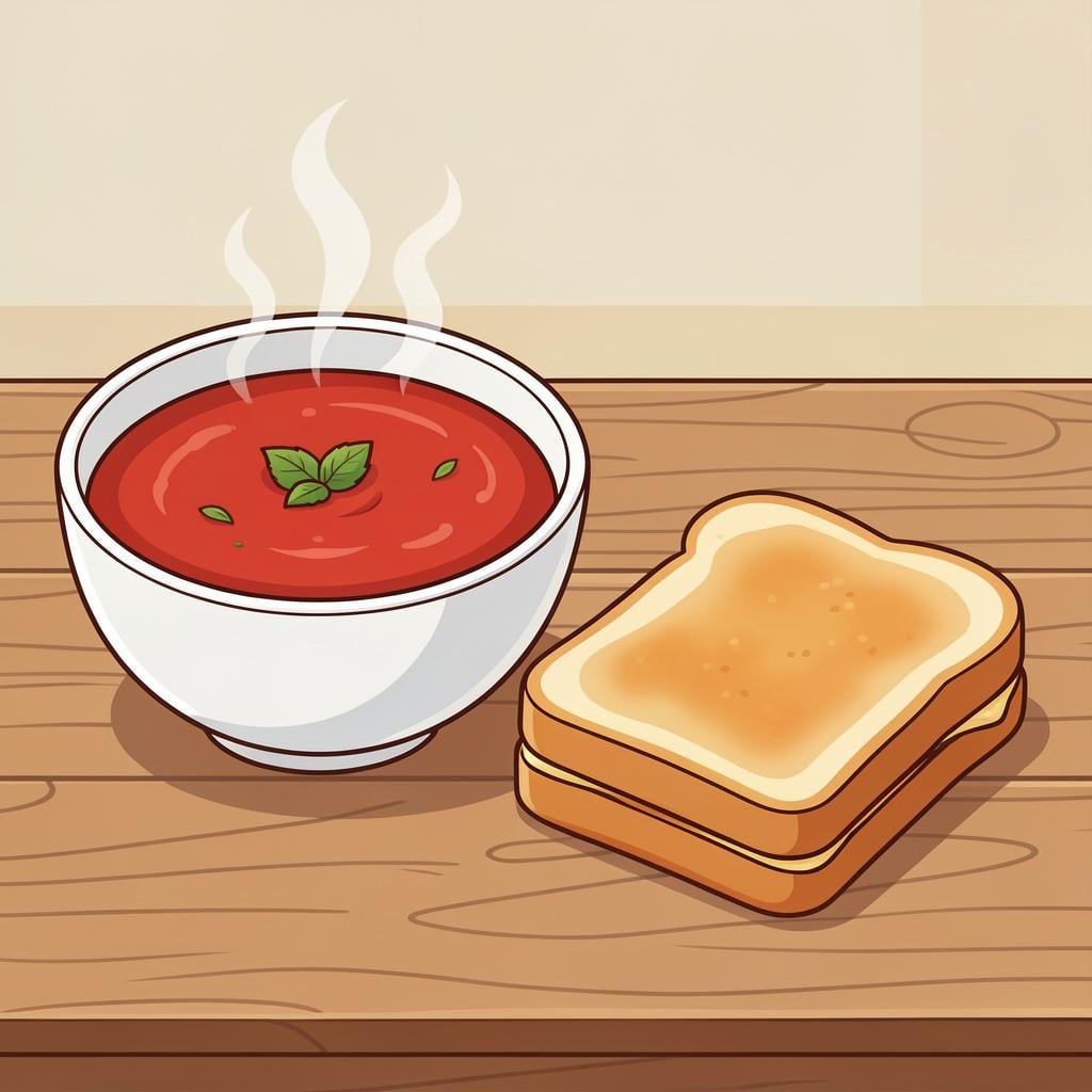 A bowl of tomato soup served with a grilled cheese sandwich on the side.