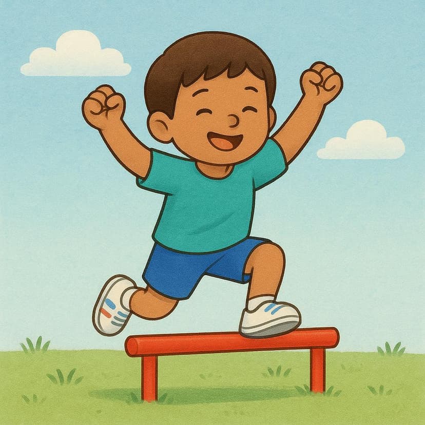 A simple child character successfully lands after jumping over a low red hurdle, illustrating a completed effort.