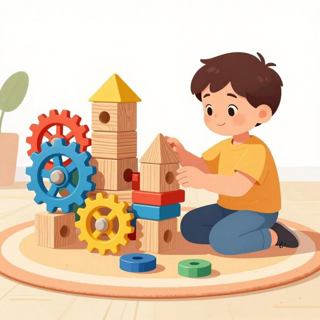 カラフルなブロックと歯車で複雑な構造を組み立てている、集中した表情の子供。