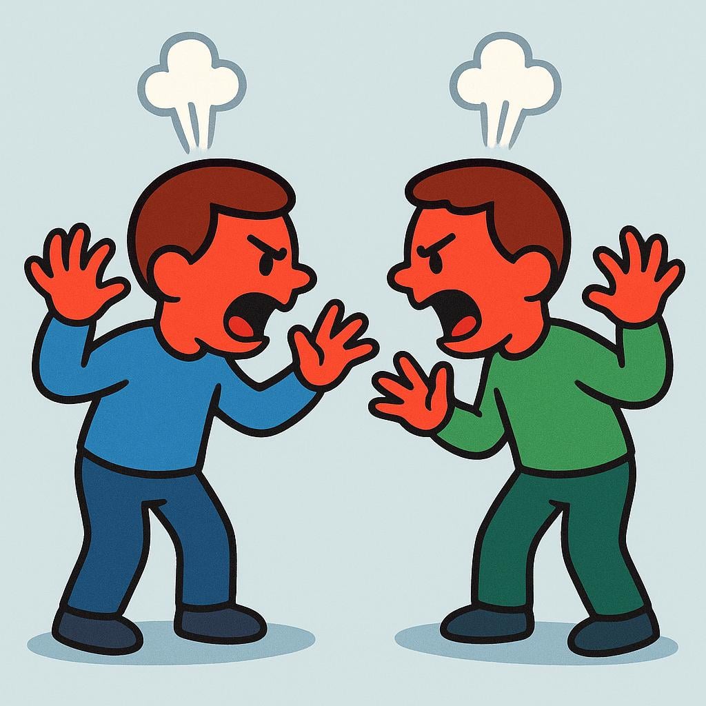 Two simplified characters facing each other closely, both having red faces and small plumes of smoke or steam rising from their heads, illustrating an intense, heated argument.