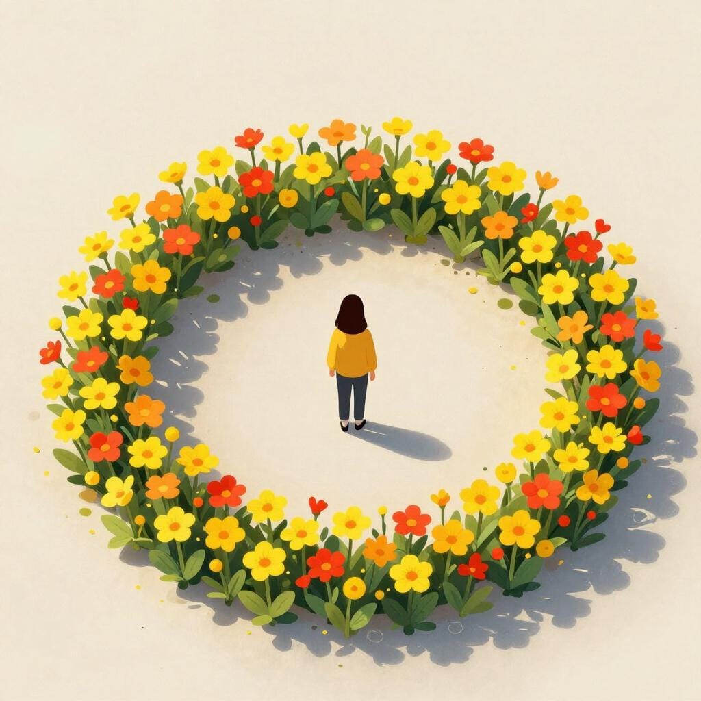 A person standing in the center of a circle of small colorful flowers.