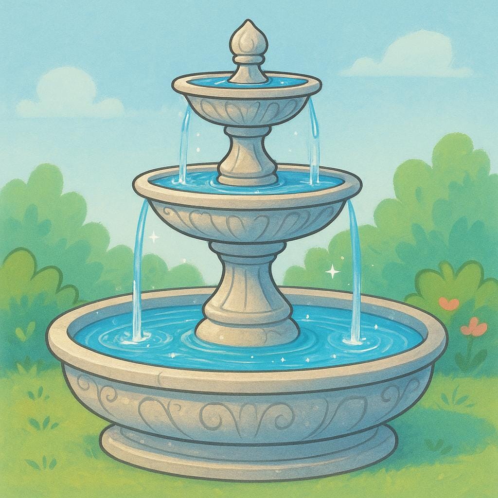 Een stenen fontein met meerdere niveaus in een zonnig openbaar plein, met helder water dat stroomt en spat in het onderste bassin.