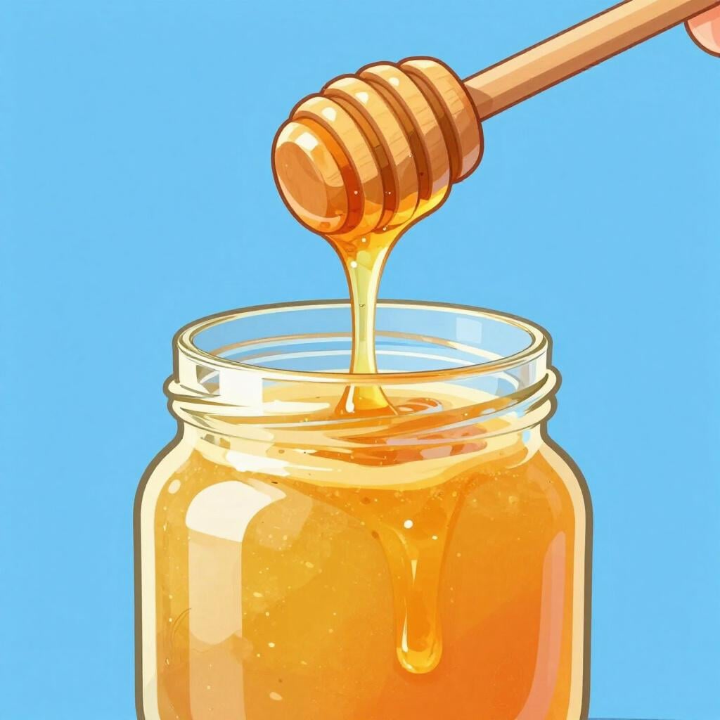 A wooden spoon lifting thick, smooth honey from a jar, showing its dense and uniform texture.
