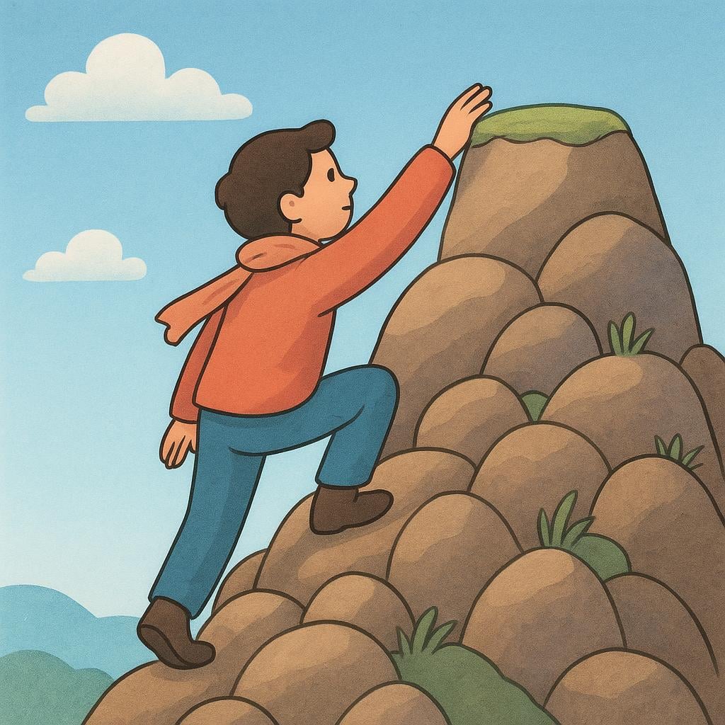 A figure completing a short climb up a rocky hill, stretching a hand forward to touch the top edge of the summit, symbolizing successfully reaching a destination.