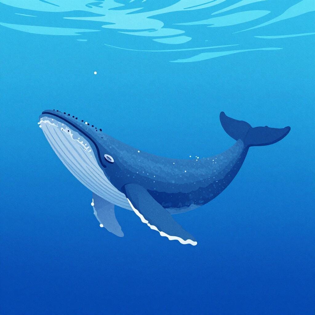 A large blue whale swimming peacefully in a clear blue ocean with small bubbles.