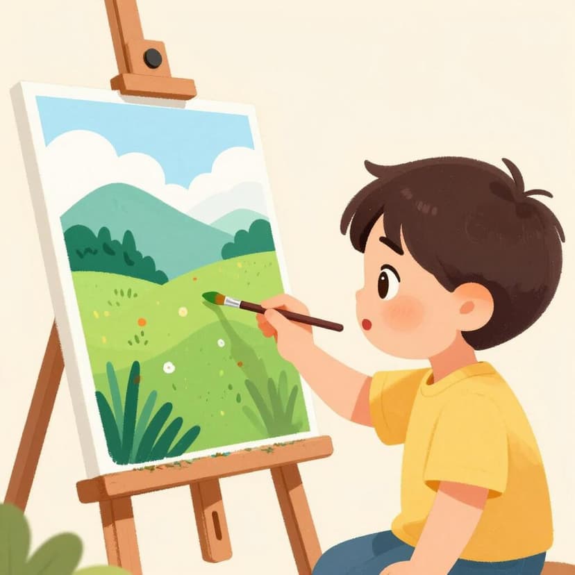 A child looking up at an artist painting a vibrant, colorful landscape on a canvas.