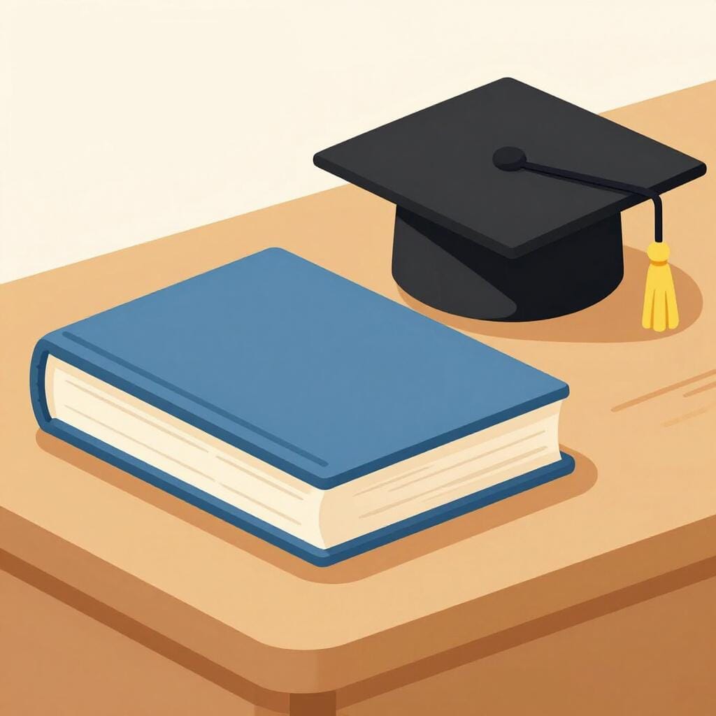 A thick, bound book with a plain cover sitting on a wooden desk next to a graduation cap.