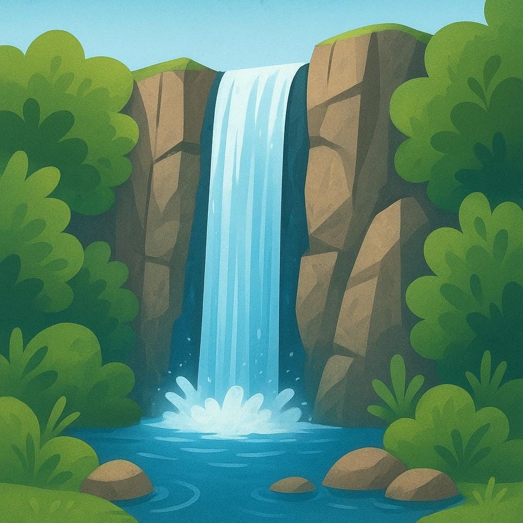 A cascade of white water flowing down a rocky cliff into a serene pool at the bottom, illustrating a waterfall.
