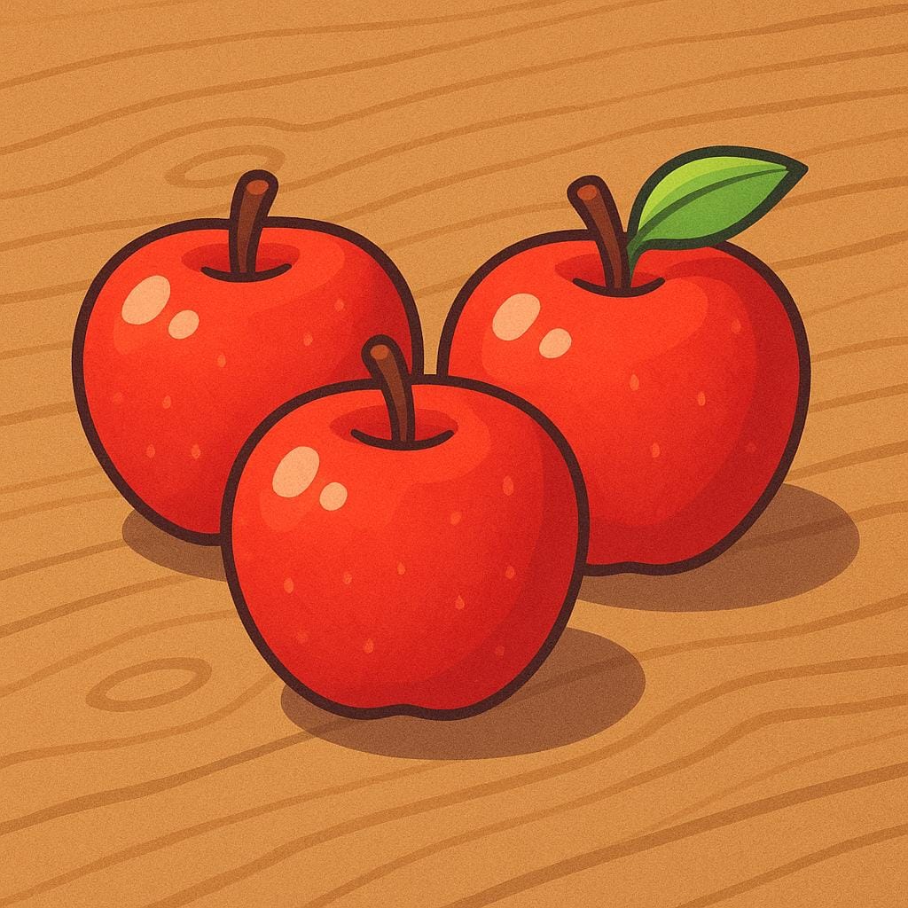 Three brightly colored, ripe red apples resting on a simple wooden surface.