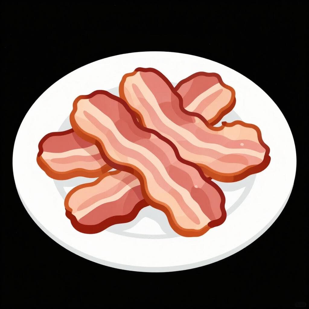 Três tiras crocantes e onduladas de bacon cozido em um prato branco simples.