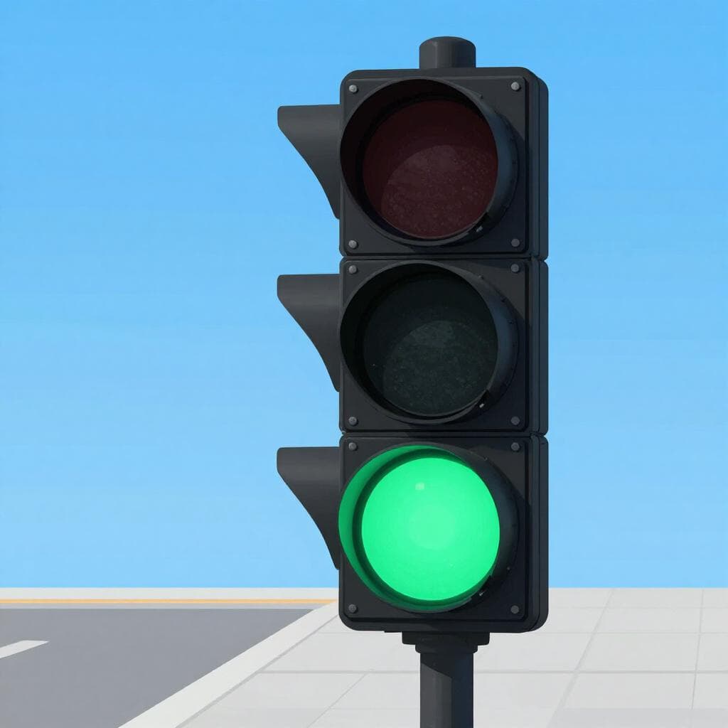 A black traffic light signal standing on a street corner with the green light illuminated.